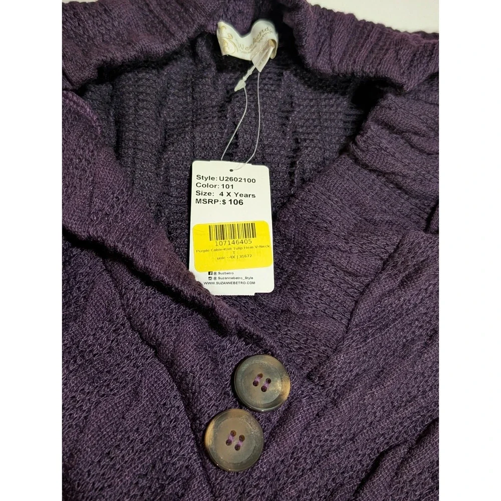 NWT Weekend by Suzanne Betro‎ 4X Purple Cable Knit Tunic Top V-Neck Tulip Hem